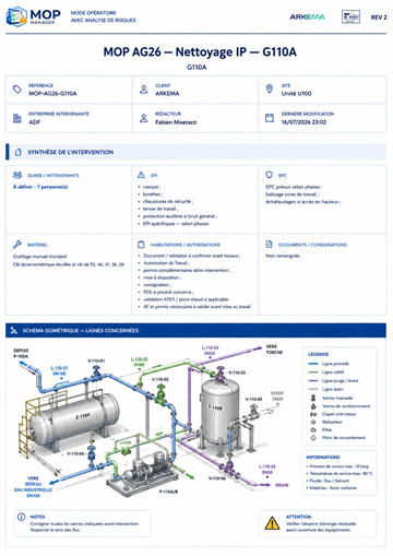 Mode opératoire MOP AG26 avec analyse de risques et schéma isométrique affiché sur la tablette de chantier